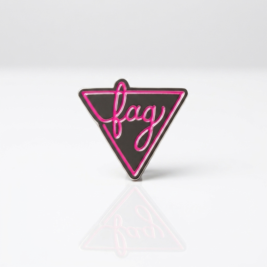 Black and pink Fag enamel pin featuring a bold geometric pride-inspired design
