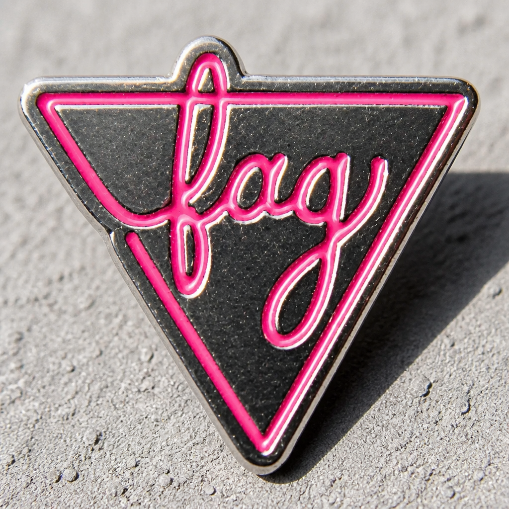 Black and pink Fag enamel pin featuring a bold geometric pride-inspired design on a concrete surface