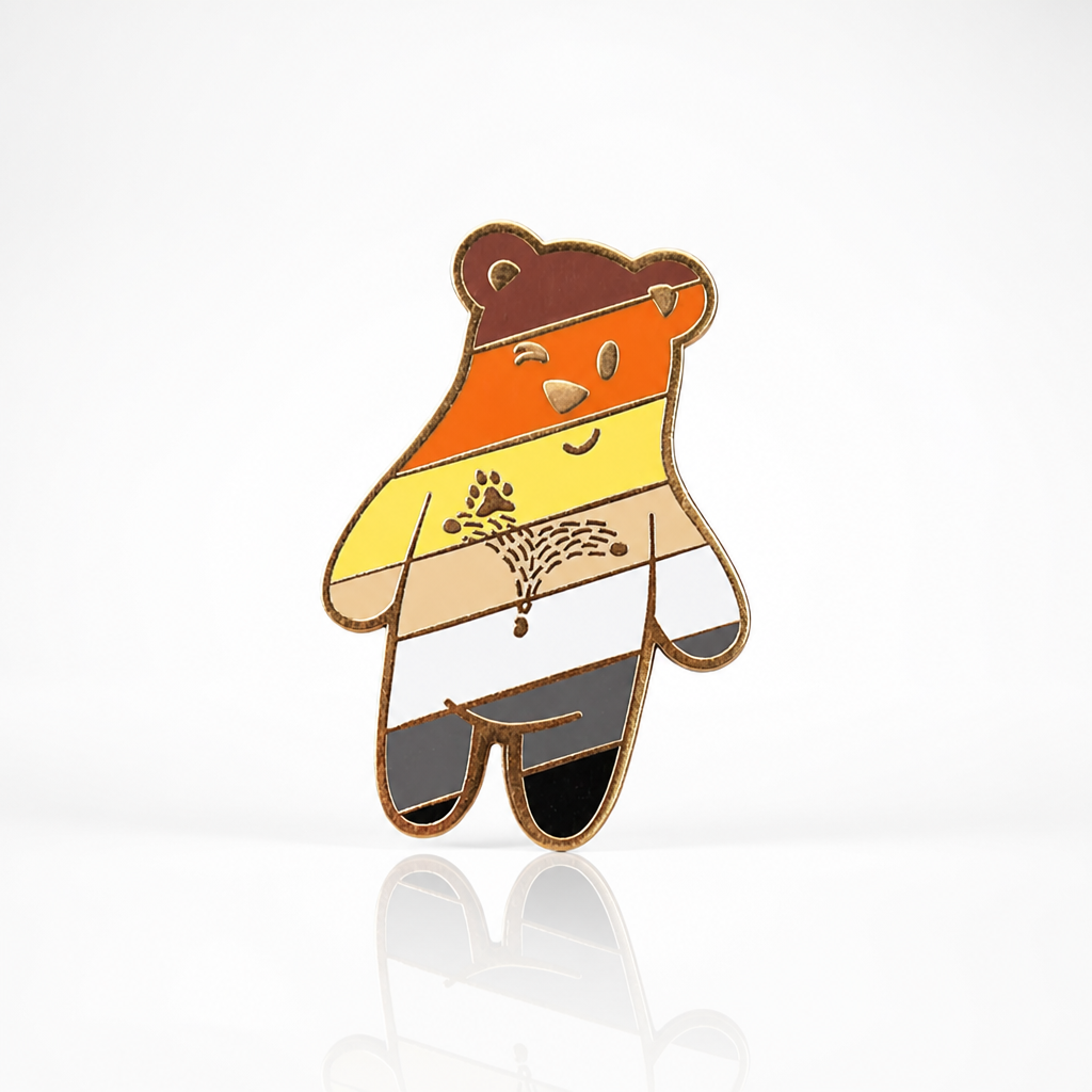 Cute Bear Buddy enamel pin featuring Bear Pride flag colors and smiling bear character artwork