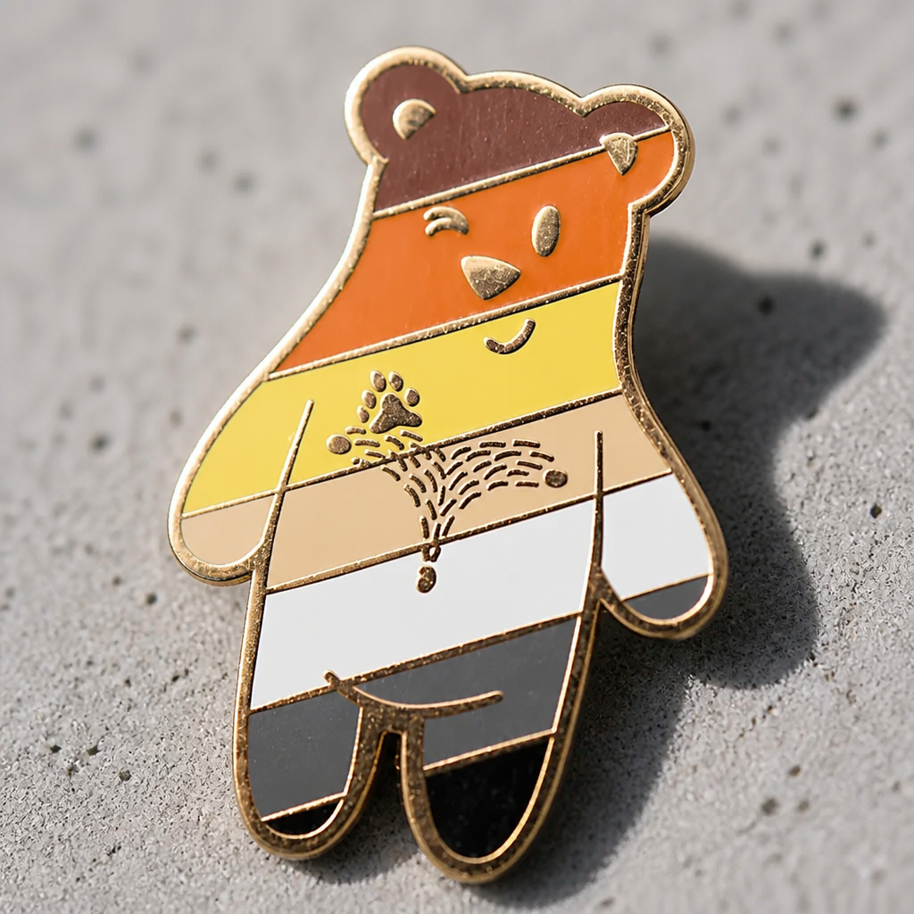 Cute Bear Buddy enamel pin featuring Bear Pride flag colors and smiling bear character artwork on a concrete surface