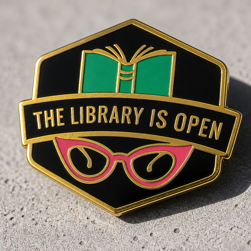 The Library Is Open enamel pin featuring an open book, pink cat-eye glasses, and gold-tone details on a concrete background