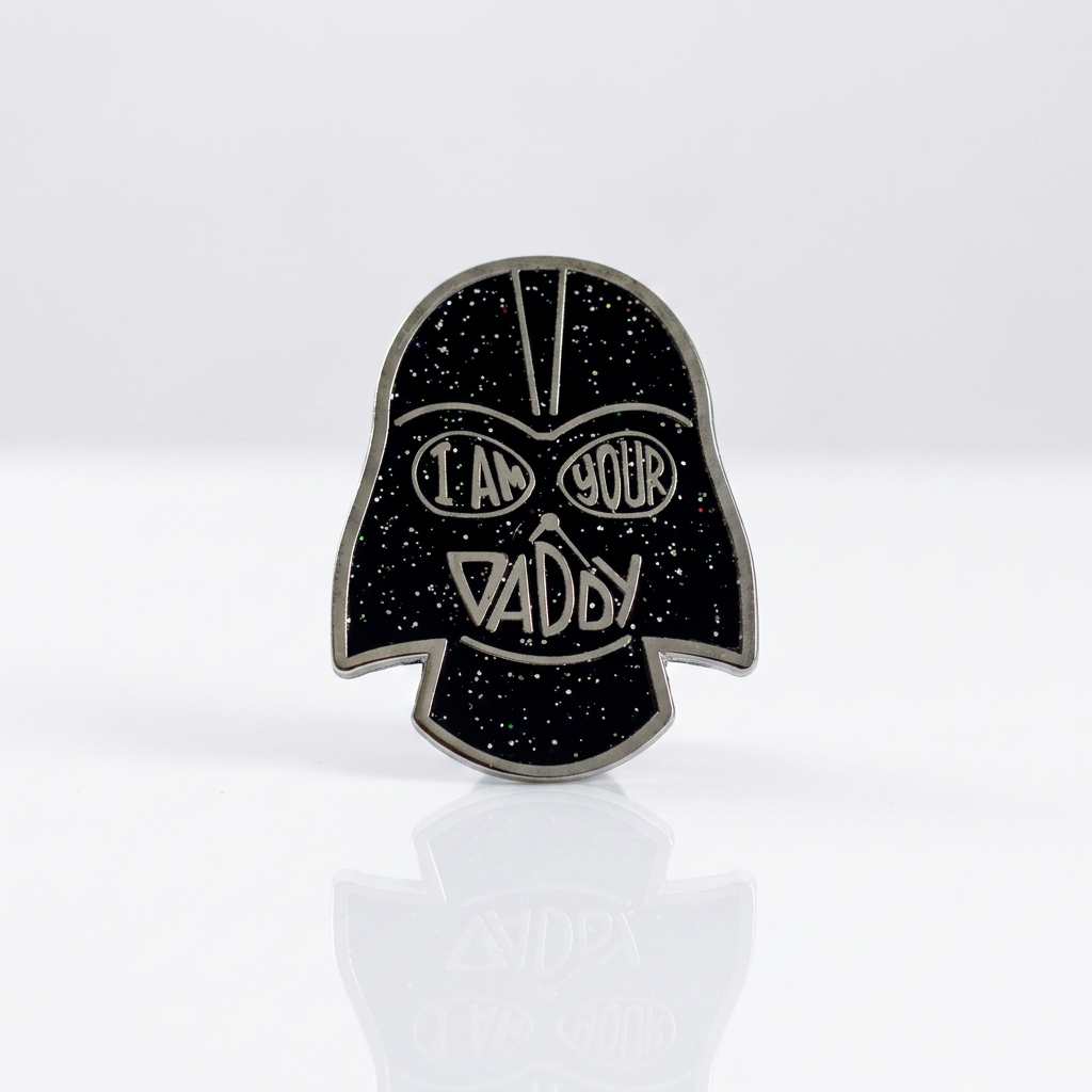 Black glitter enamel pin reading I Am Your Daddy with bold graphic artwork and gold-tone details