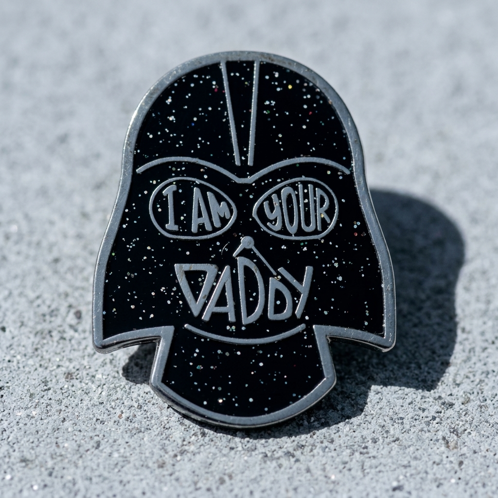 Black glitter enamel pin reading I Am Your Daddy with bold graphic artwork and gold-tone details on a concrete surface