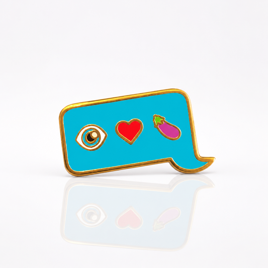 Eye Heart Eggplant enamel pin featuring eye, heart, and eggplant emojis inside a blue speech bubble