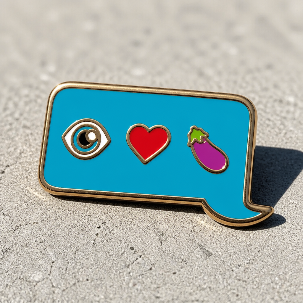 Eye Heart Eggplant enamel pin featuring eye, heart, and eggplant emojis inside a blue speech bubble on a concrete surface