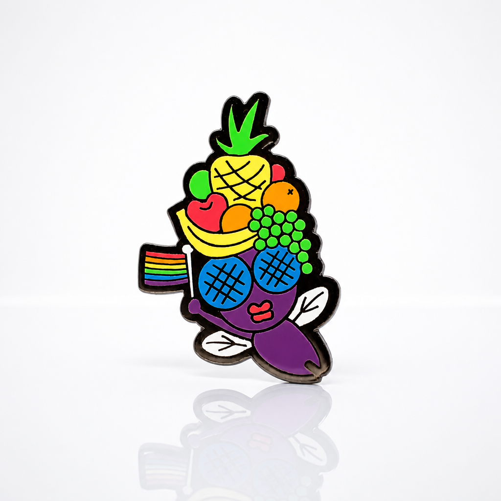 Fruit Fly enamel pin featuring a colorful fruit-inspired fly with rainbow wing detail