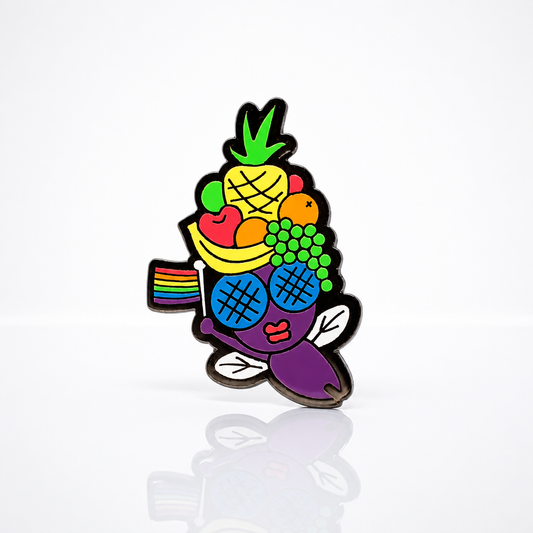 Fruit Fly enamel pin featuring a colorful fruit-inspired fly with rainbow wing detail