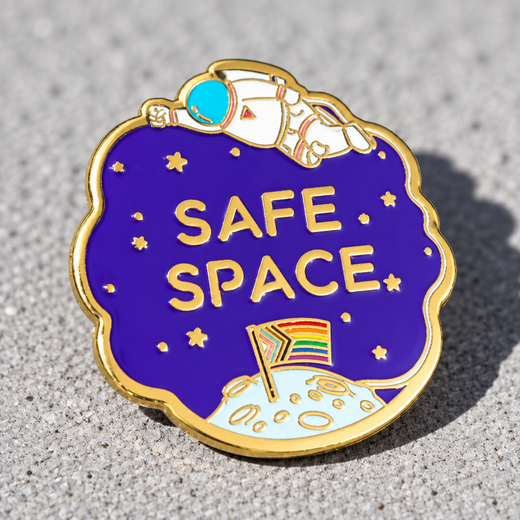 Gold hard enamel Safe Space pin with astronaut, stars and a Progress Pride flag planted on the moon on a concrete background