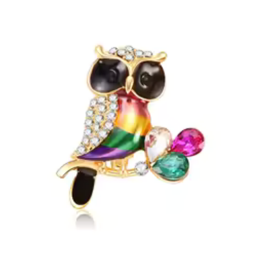 Colorful rhinestone owl brooch pin with rainbow enamel and crystal accents