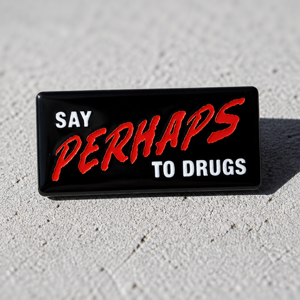 Say Perhaps to Drugs enamel pin featuring bold red and white lettering on a black background on a concrete surface