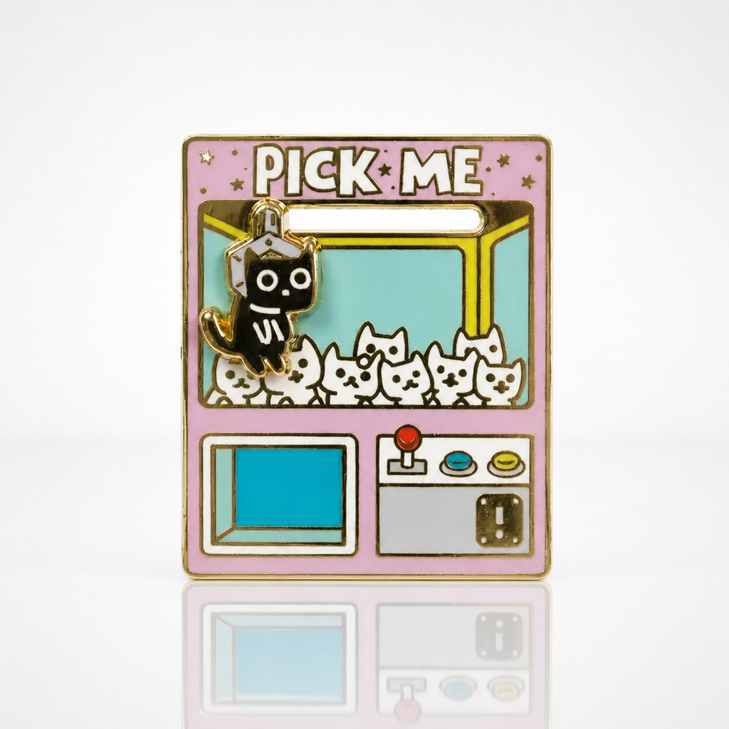 Interactive Pick Me Claw Machine deluxe enamel pin featuring a movable black cat inside a colorful arcade claw machine