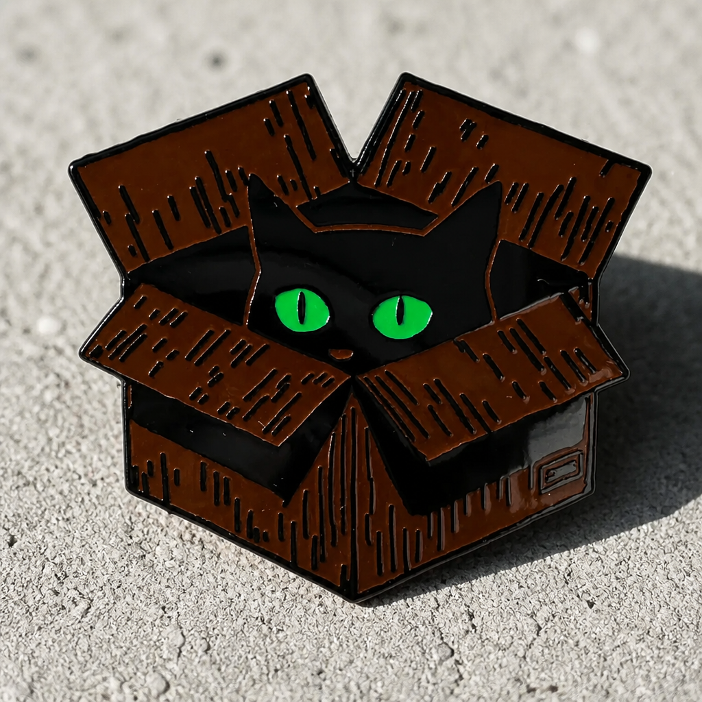 Black cat enamel pin with bright green eyes peeking out from a cardboard box on a concrete surface