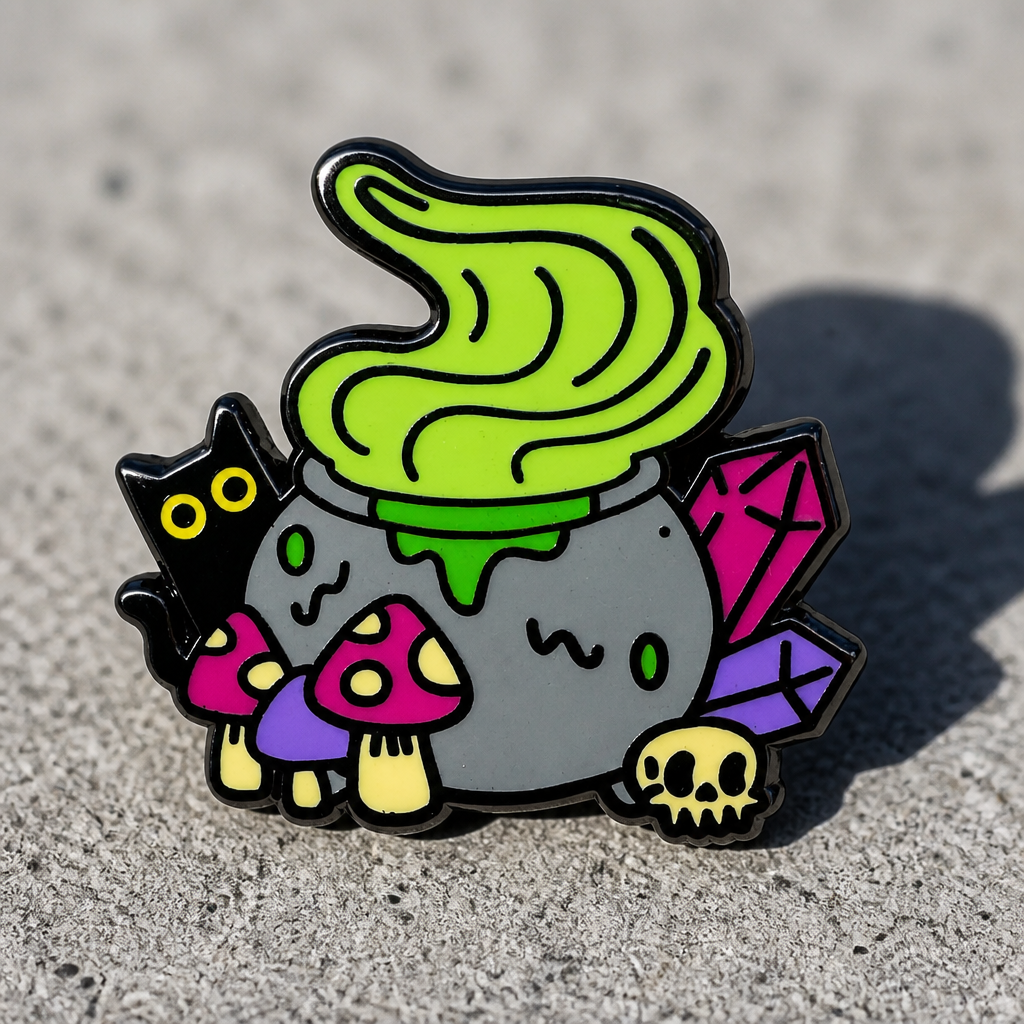 Witchy Cauldron enamel pin featuring a bubbling green cauldron, black cat, crystals, mushrooms, and skull details on a concrete surface