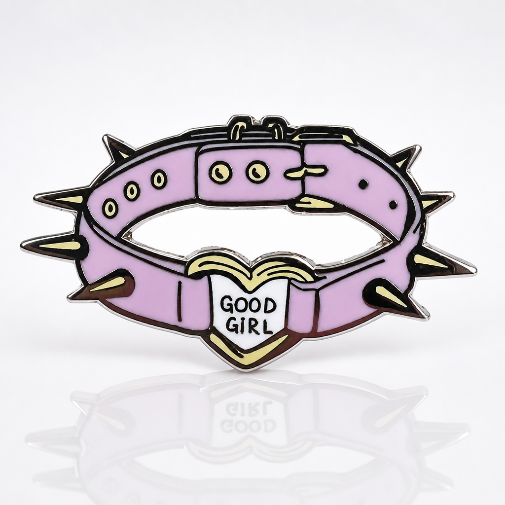 Good Girl Collar enamel pin featuring a pink spiked collar with a heart-shaped charm