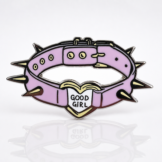 Good Girl Collar enamel pin featuring a pink spiked collar with a heart-shaped charm