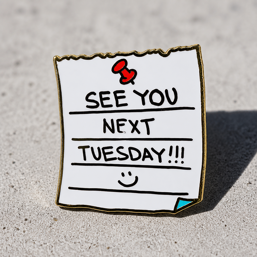 See You Next Tuesday enamel pin featuring a handwritten note design with gold-tone details on a concrete surface