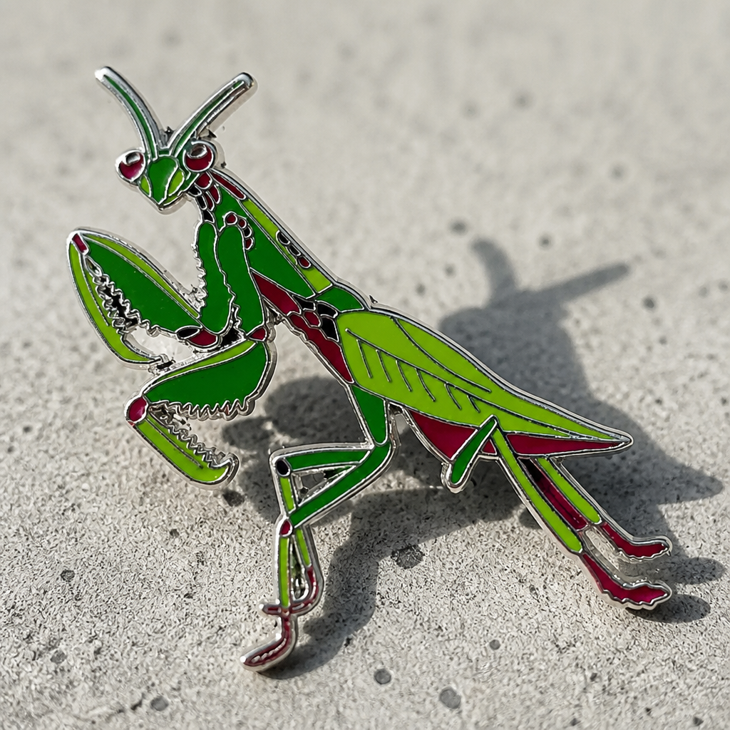 Silver-plated hard enamel pin featuring a detailed green and pink praying mantis insect design on a concrete background