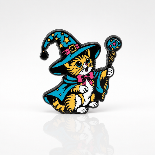 Hard enamel pin featuring a cat dressed as a wizard with a blue star-covered hat, cloak, and magical staff
