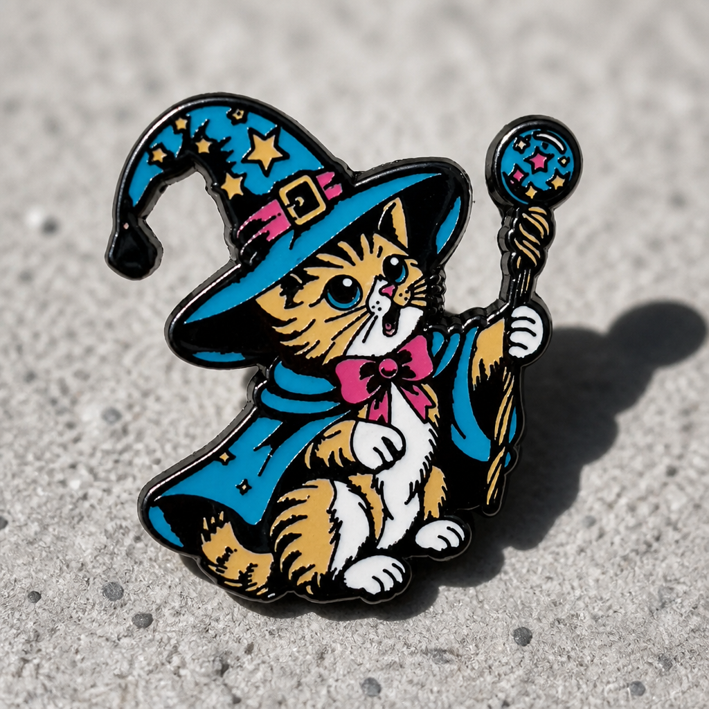 Hard enamel pin featuring a cat dressed as a wizard with a blue star-covered hat, cloak, and magical staff on a concrete background