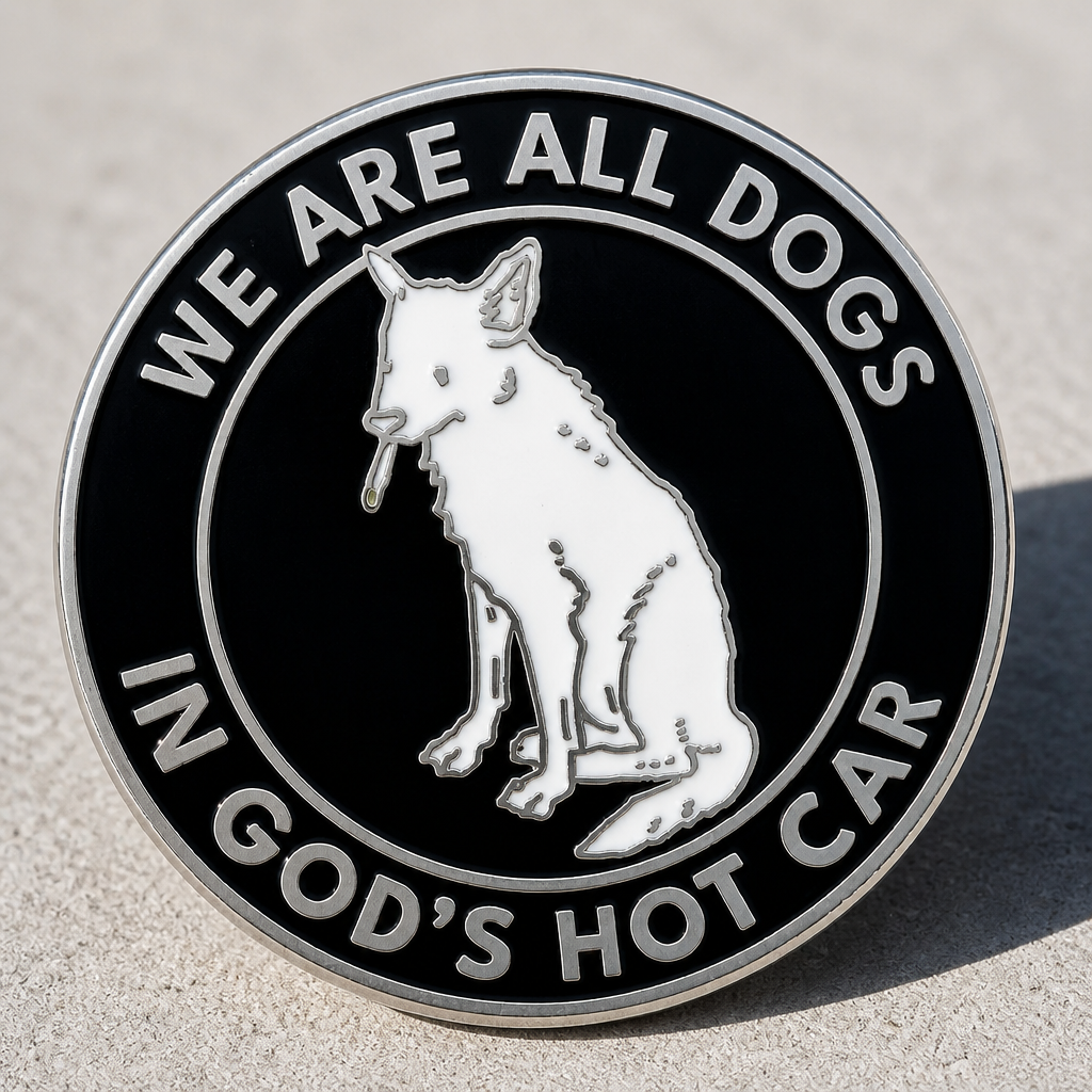 Black and silver hard enamel pin featuring a dog illustration and the phrase We Are All Dogs in God's Hot Car on a concrete surface