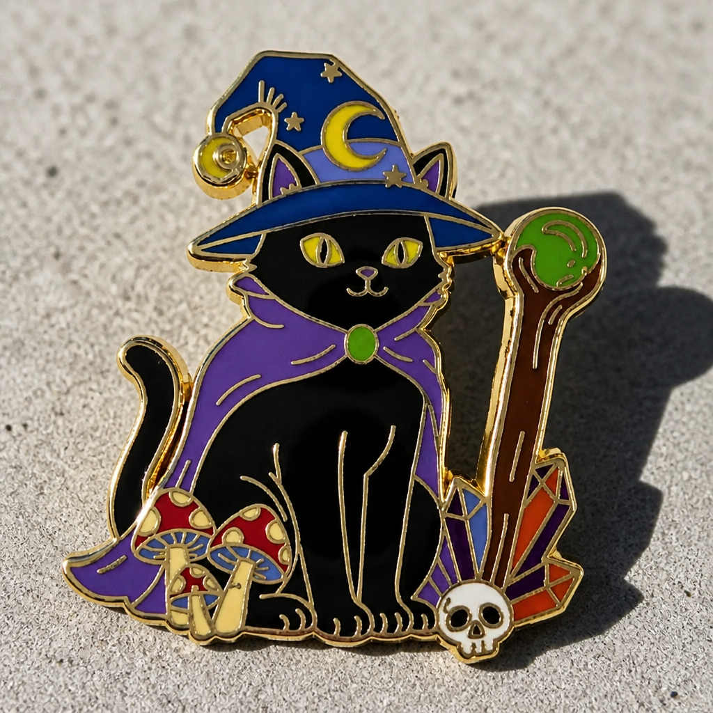 Premium gold hard enamel pin featuring a magical black cat wearing a wizard hat, holding a crystal staff, surrounded by mushrooms, colorful crystals, and a tiny skull on a concrete surface
