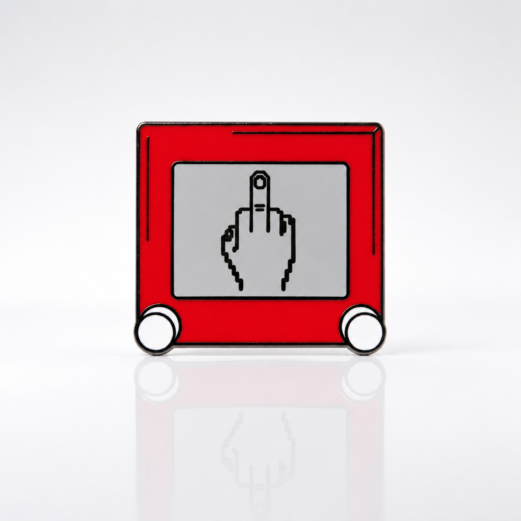 Premium hard enamel pin styled like a classic retro sketch toy featuring a humorous pixel-style drawing on the screen with black metal plating.