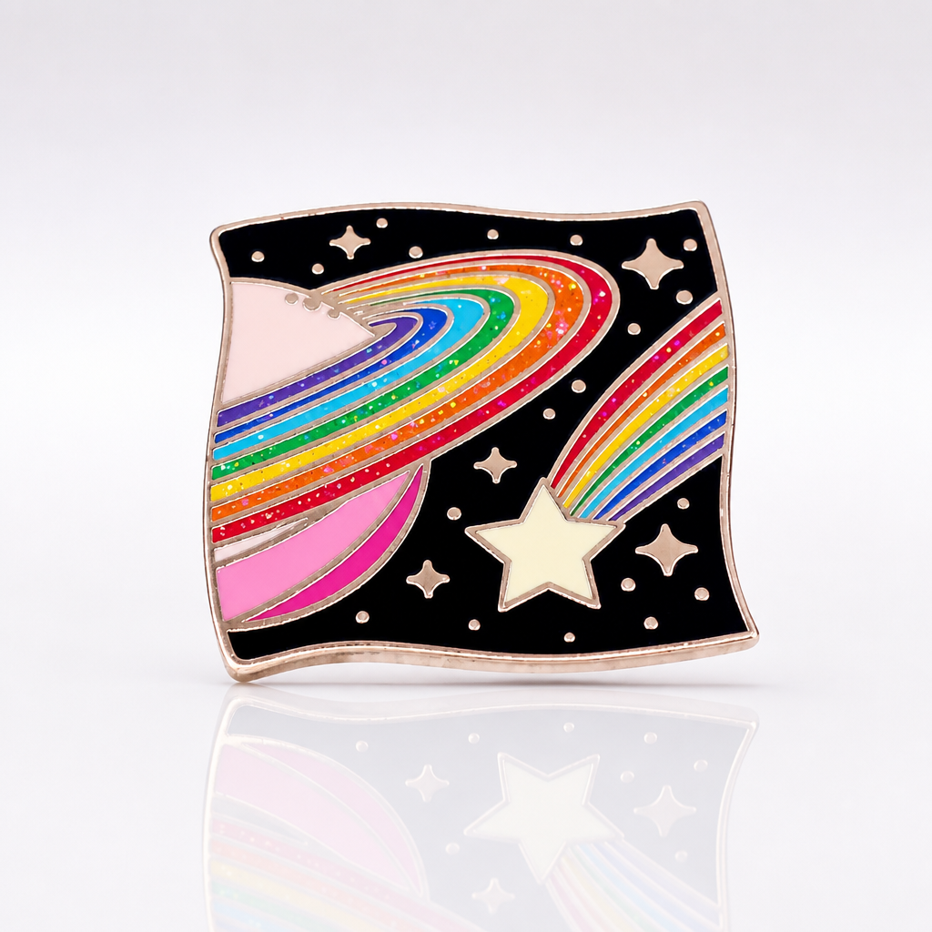 Rainbow Galaxy enamel pin with glittery cosmic rainbow planet and star design