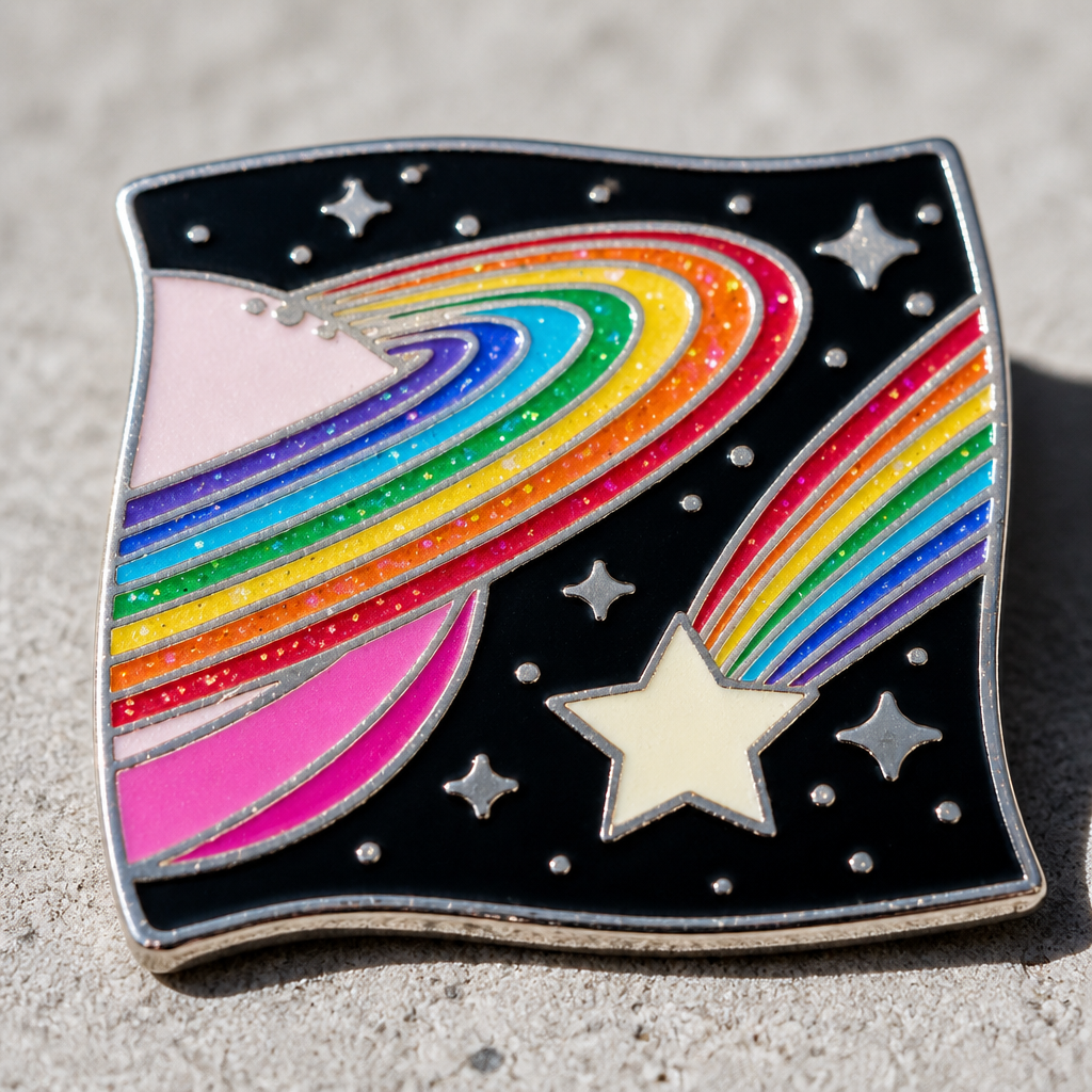 Rainbow Galaxy enamel pin with glittery cosmic rainbow planet and star design on a concrete surface