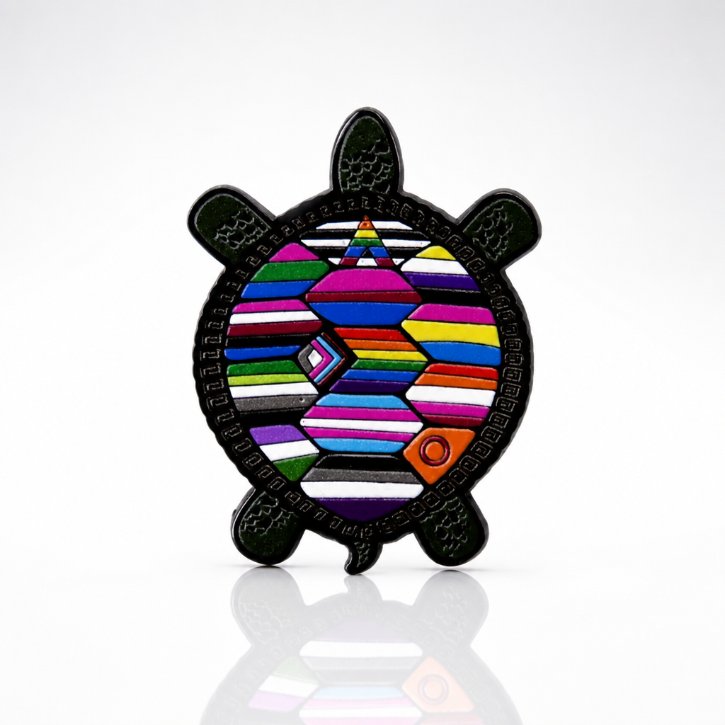 Unity Pride Turtle enamel pin featuring multiple LGBTQ pride flags in a colorful turtle shell design