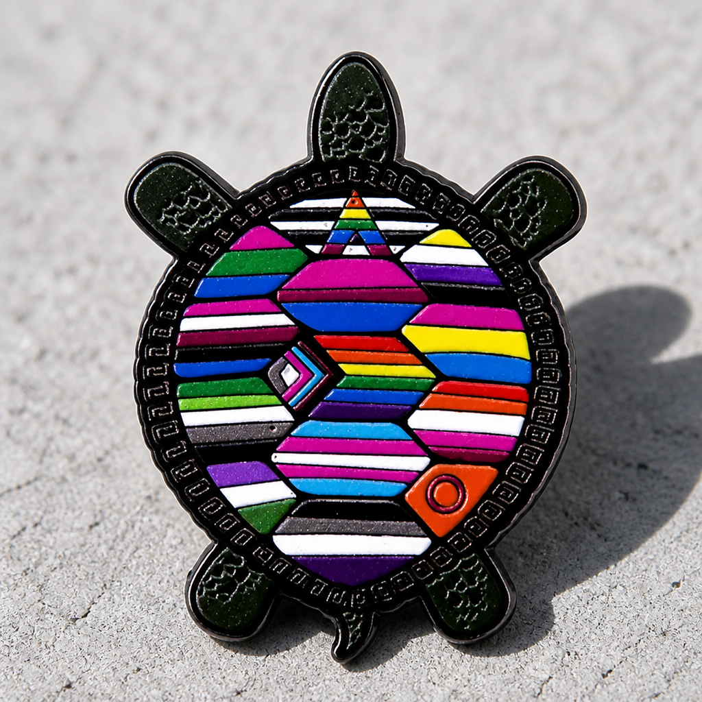 Unity Pride Turtle enamel pin featuring multiple LGBTQ pride flags in a colorful turtle shell design on a concrete surface