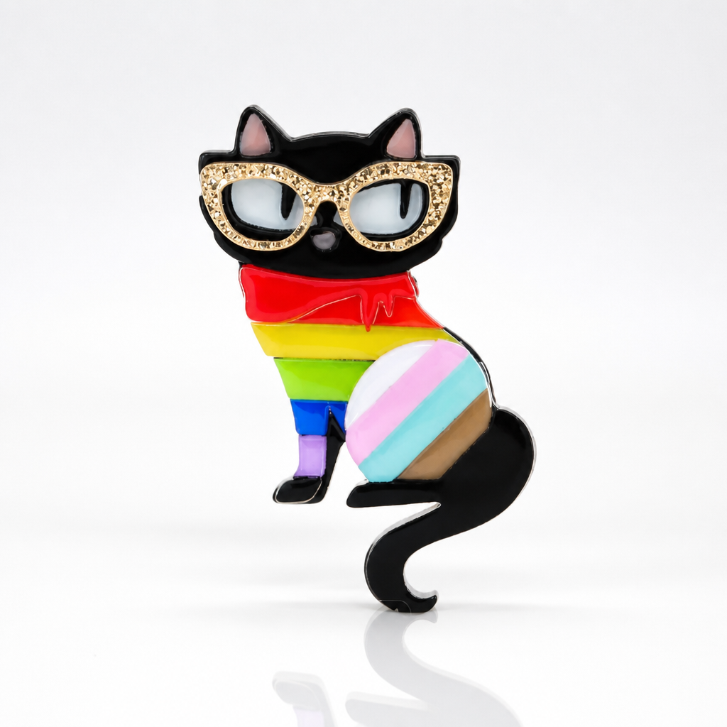 Diva Kitty Progress Pride enamel pin featuring black cat with glitter glasses and rainbow Pride colors