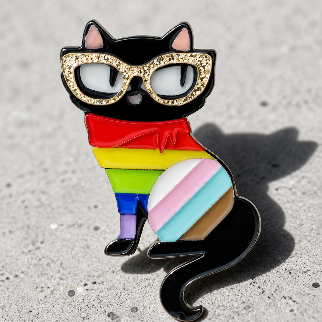 Diva Kitty Progress Pride enamel pin featuring black cat with glitter glasses and rainbow Pride colors on a concrete surface