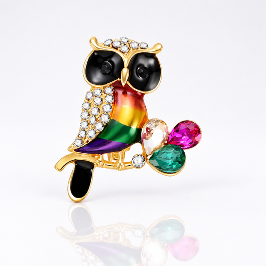 Colorful rhinestone owl brooch pin with rainbow enamel and crystal accents