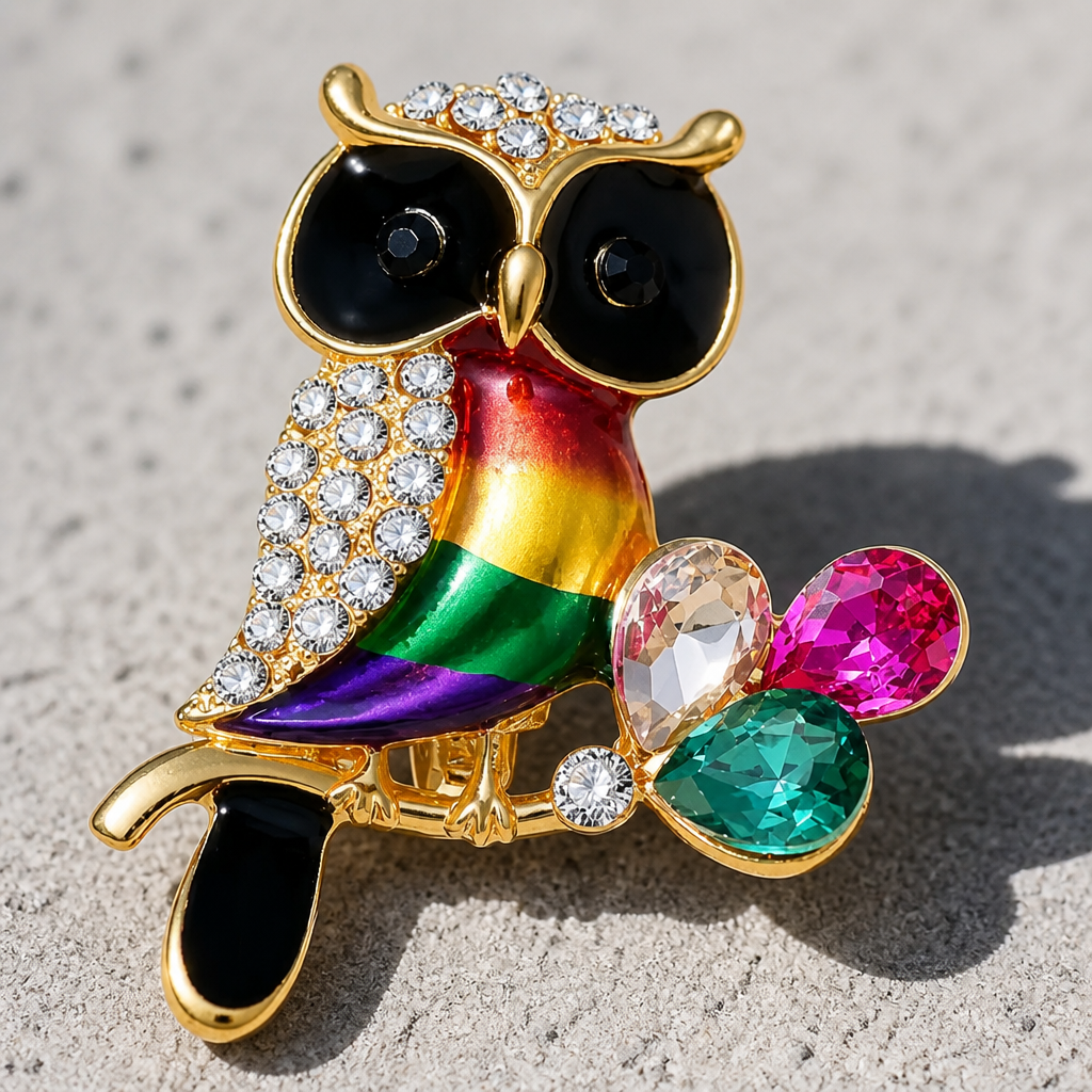 Colorful rhinestone owl brooch pin with rainbow enamel and crystal accents on a concrete surface