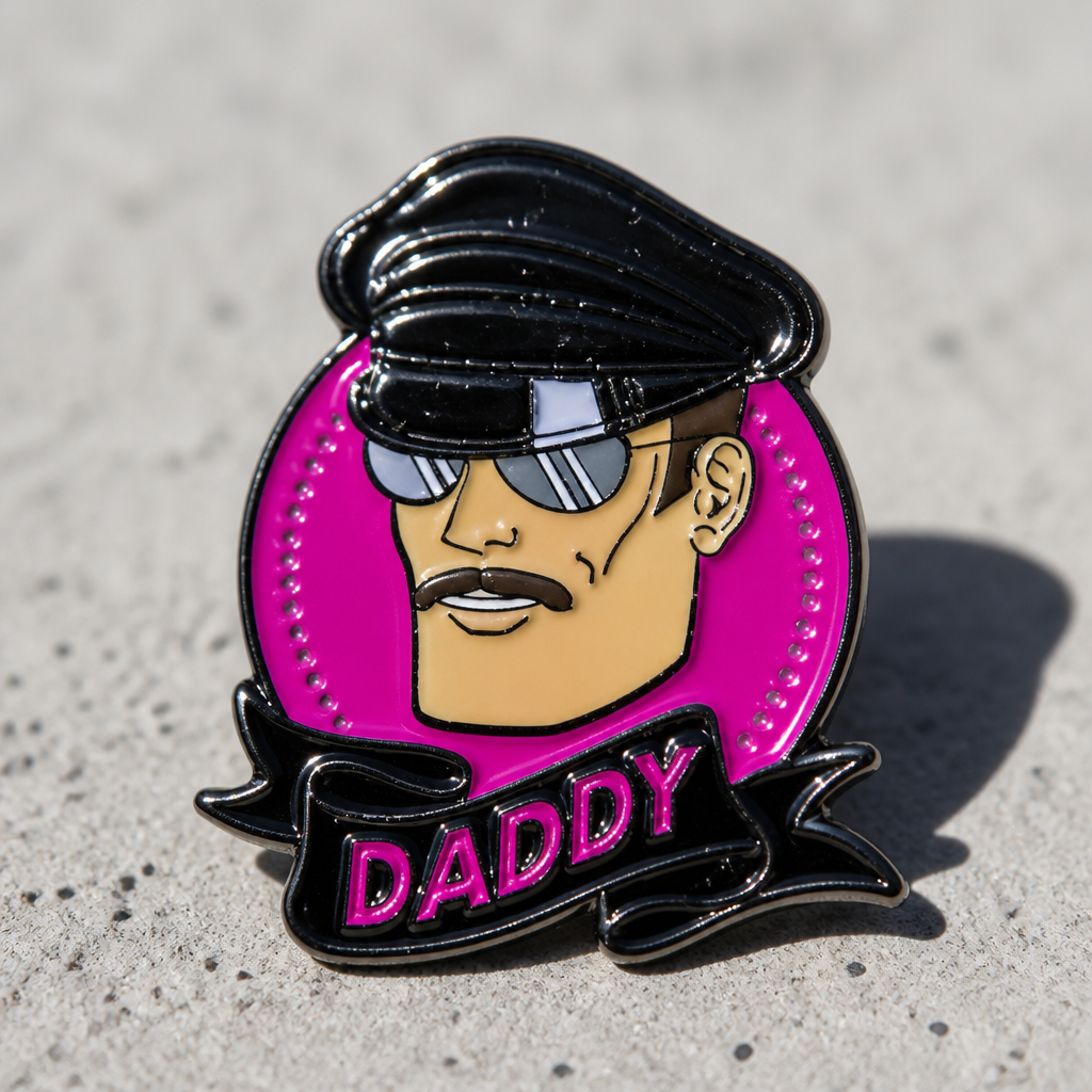Hard enamel Daddy pin featuring a leather-inspired character wearing sunglasses against a bright pink background displayed on a concrete surface