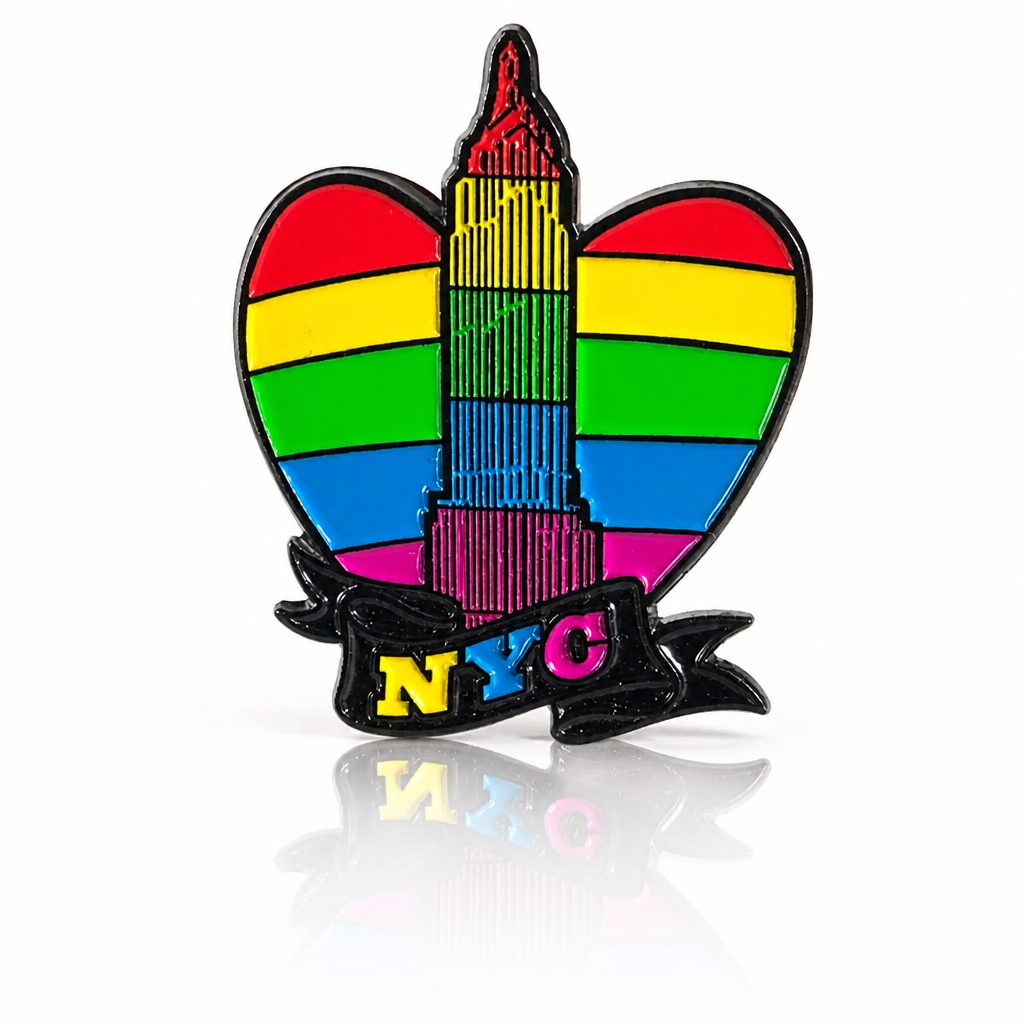 Hard enamel New York City Pride pin featuring the NYC skyline inside a rainbow heart with NYC lettering.