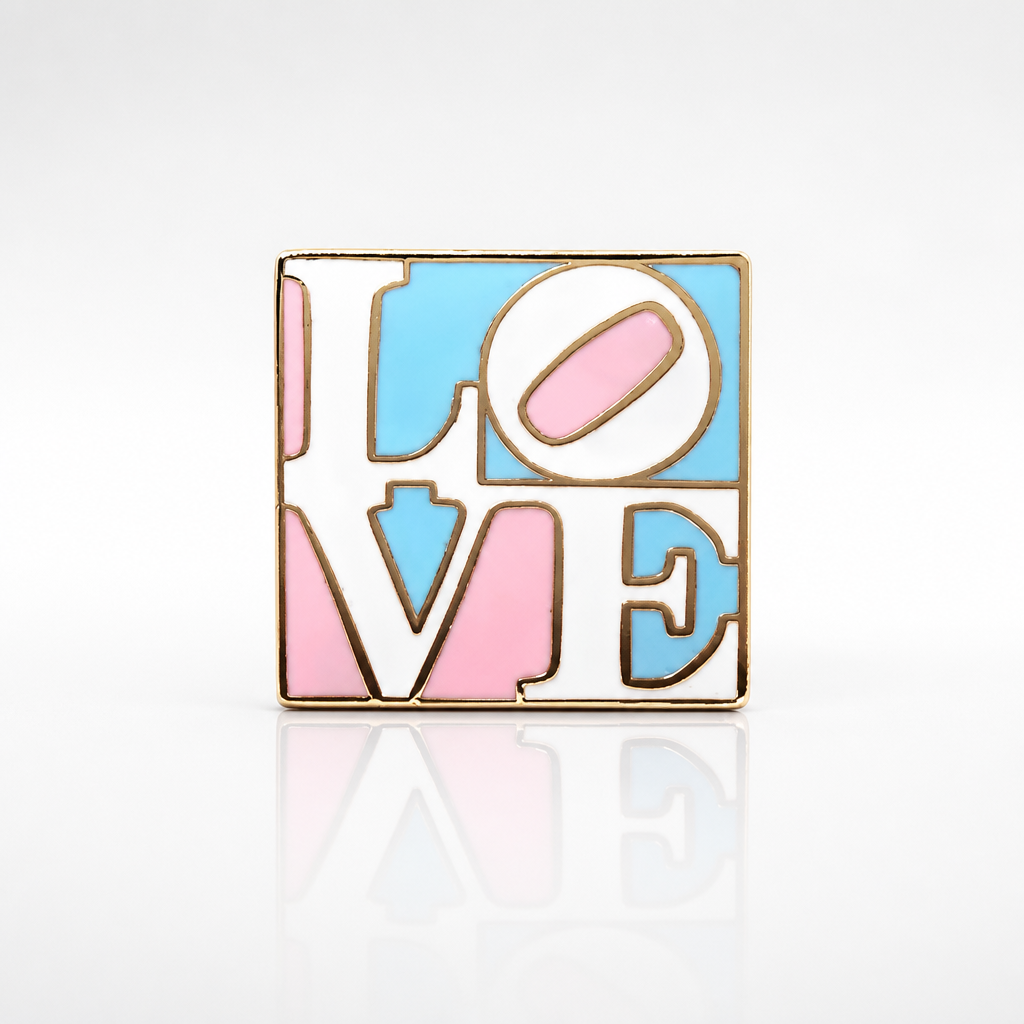 Heart-shaped transgender pride enamel pin with blue pink and white stripes and Love lettering