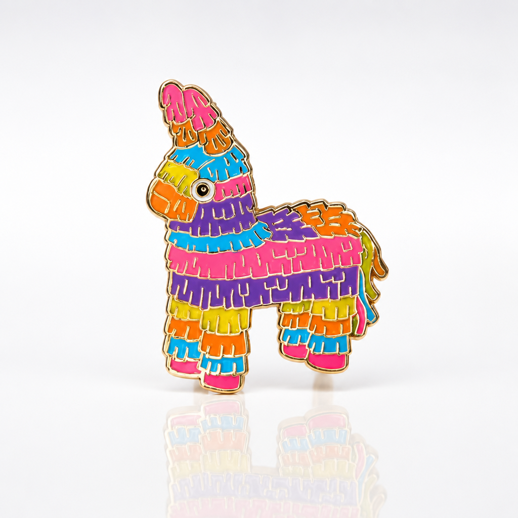 Rainbow piñata enamel pin with colorful layered fringe design