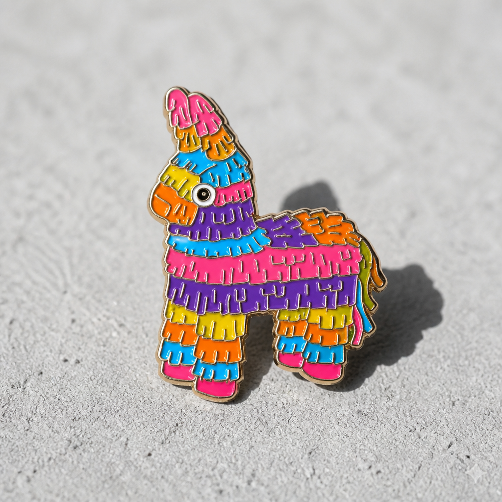 Rainbow piñata enamel pin with colorful layered fringe design on a concrete surface