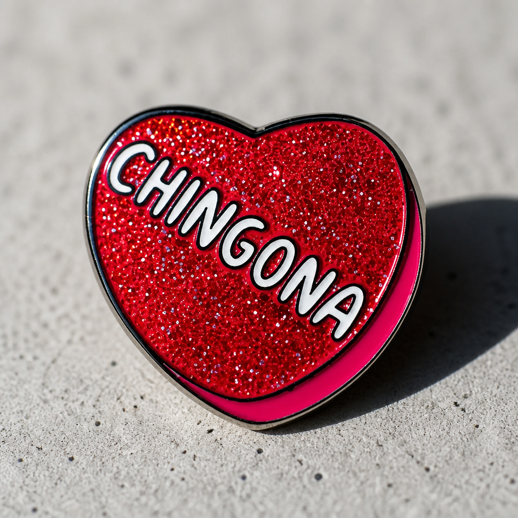 Pink glitter heart enamel pin with Chingona text design on a concrete surface