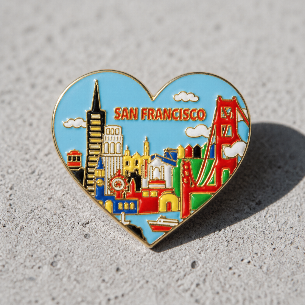 Heart-shaped San Francisco skyline hard enamel pin featuring the Golden Gate Bridge, Transamerica Pyramid, Coit Tower, cable car, and other iconic city landmarks with gold metal accents on a concrete surface.