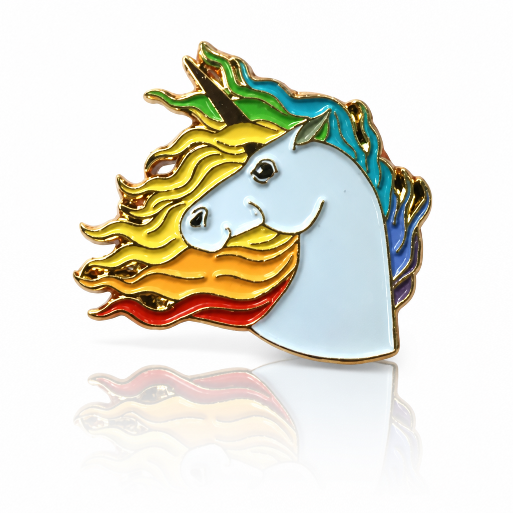 White unicorn enamel pin with flowing rainbow mane and gold-tone outline