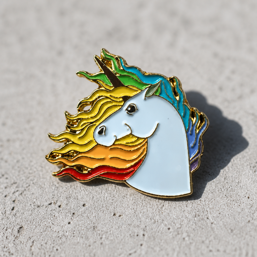 White unicorn enamel pin with flowing rainbow mane and gold-tone outline displayed on a concrete surface