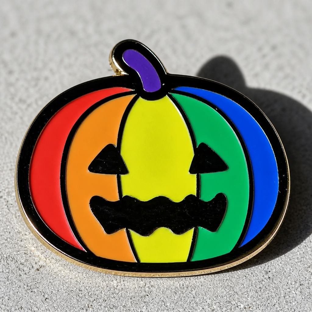 Queer-O-Lantern rainbow pumpkin LGBTQ+ Halloween enamel pin displayed on a concrete surface