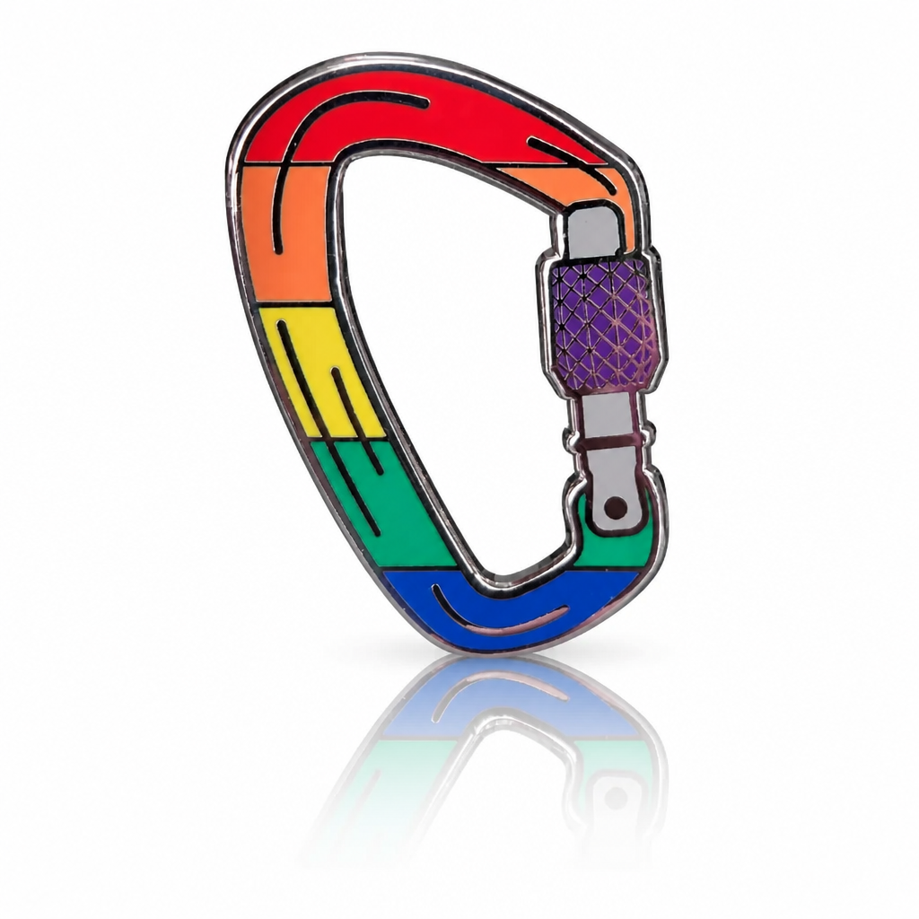 Rainbow Pride enamel pin shaped like a colorful silver-tone carabiner