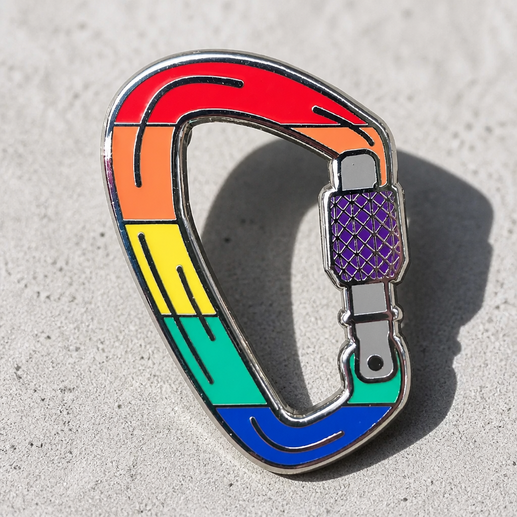 Rainbow Pride enamel pin shaped like a colorful silver-tone carabiner displayed on a concrete surface