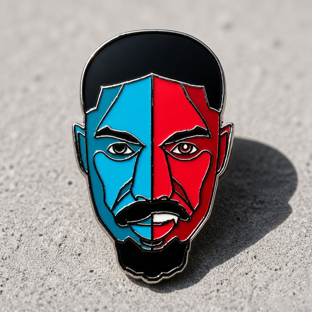 Hard enamel pin featuring a stylized portrait inspired by Smoke from the film Sinners with bold red and blue artwork and silver-plated details on a concrete surface
