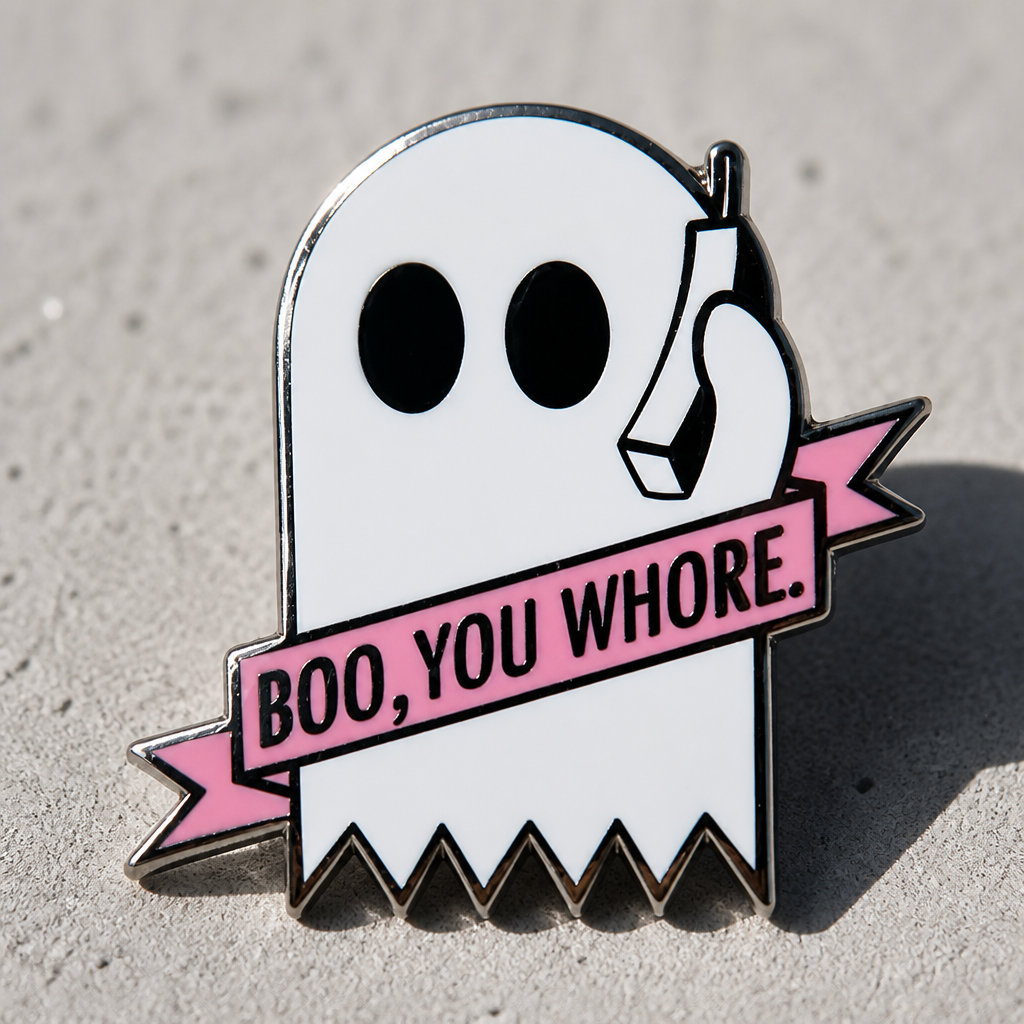 Hard enamel pin featuring a white ghost holding a phone with a pink banner reading Boo You Whore on a concrete surface