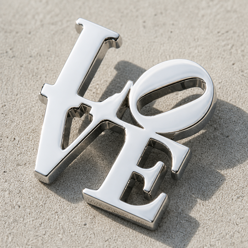 Silver plated LOVE pin inspired by the iconic Robert Indiana artwork featuring the tilted O design on a concrete surface