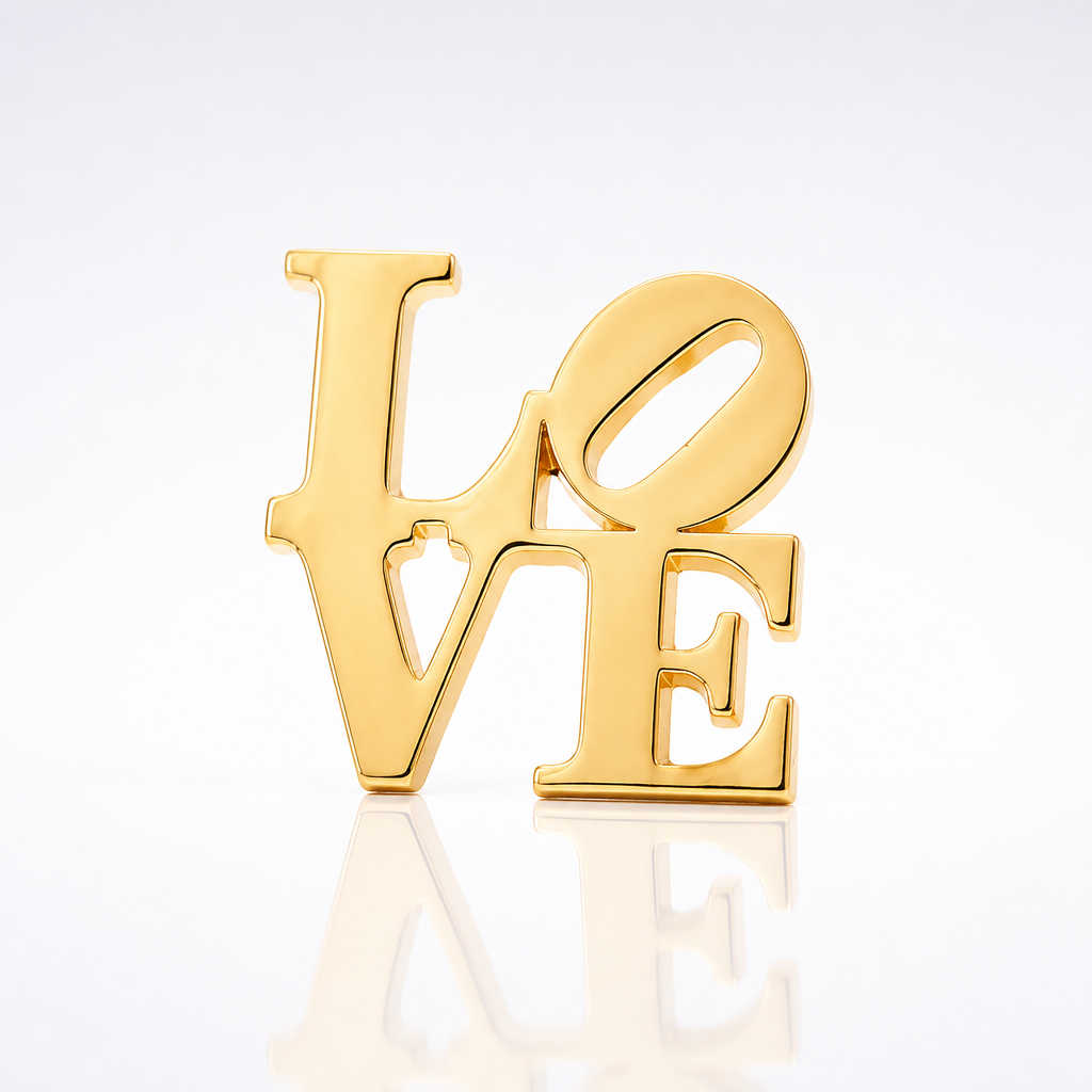 Gold plated LOVE pin inspired by the iconic Robert Indiana artwork featuring the tilted O design